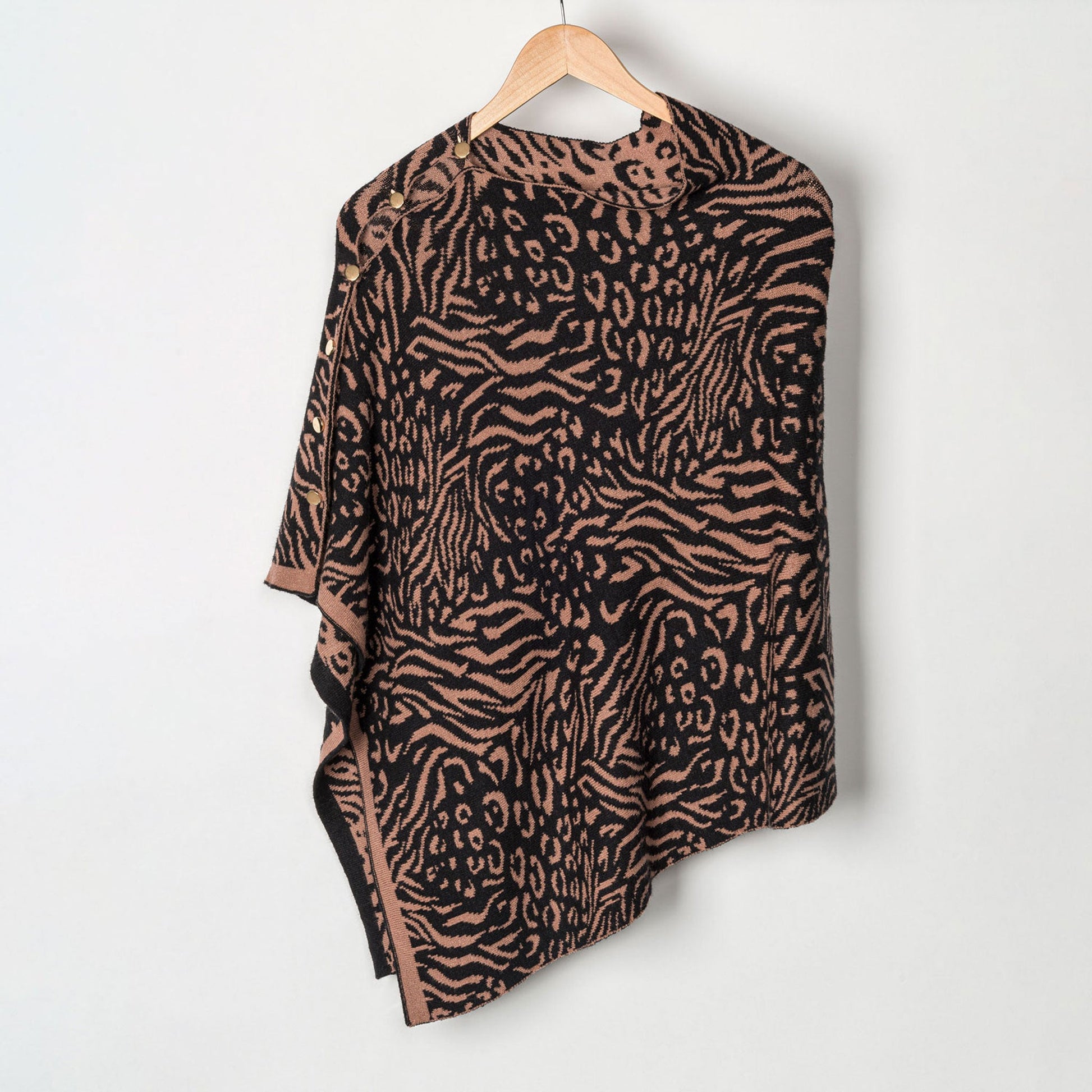 Brown Animal Print Reversible Poncho With Gold Button Accents - Os