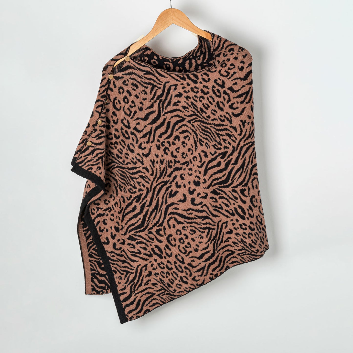 Animal Print Reversible Poncho With Gold Button Accents