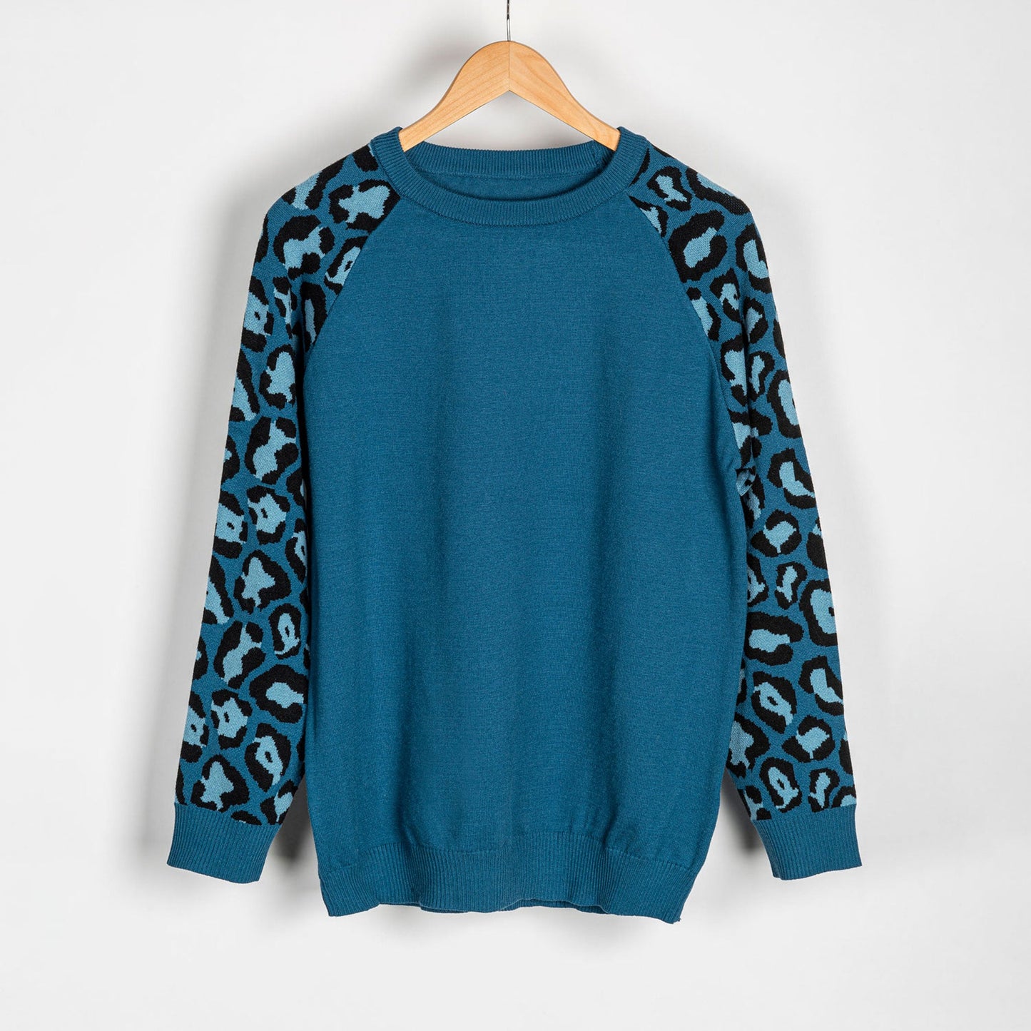 Teal Leopard Contrast Sleeve Sweater