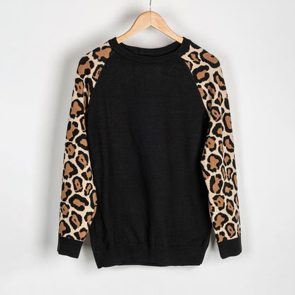 Black Leopard Contrast Sleeve Sweater