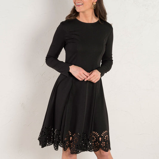 Black Scallop Edge Mid Length Dress With Laser Cut Hem