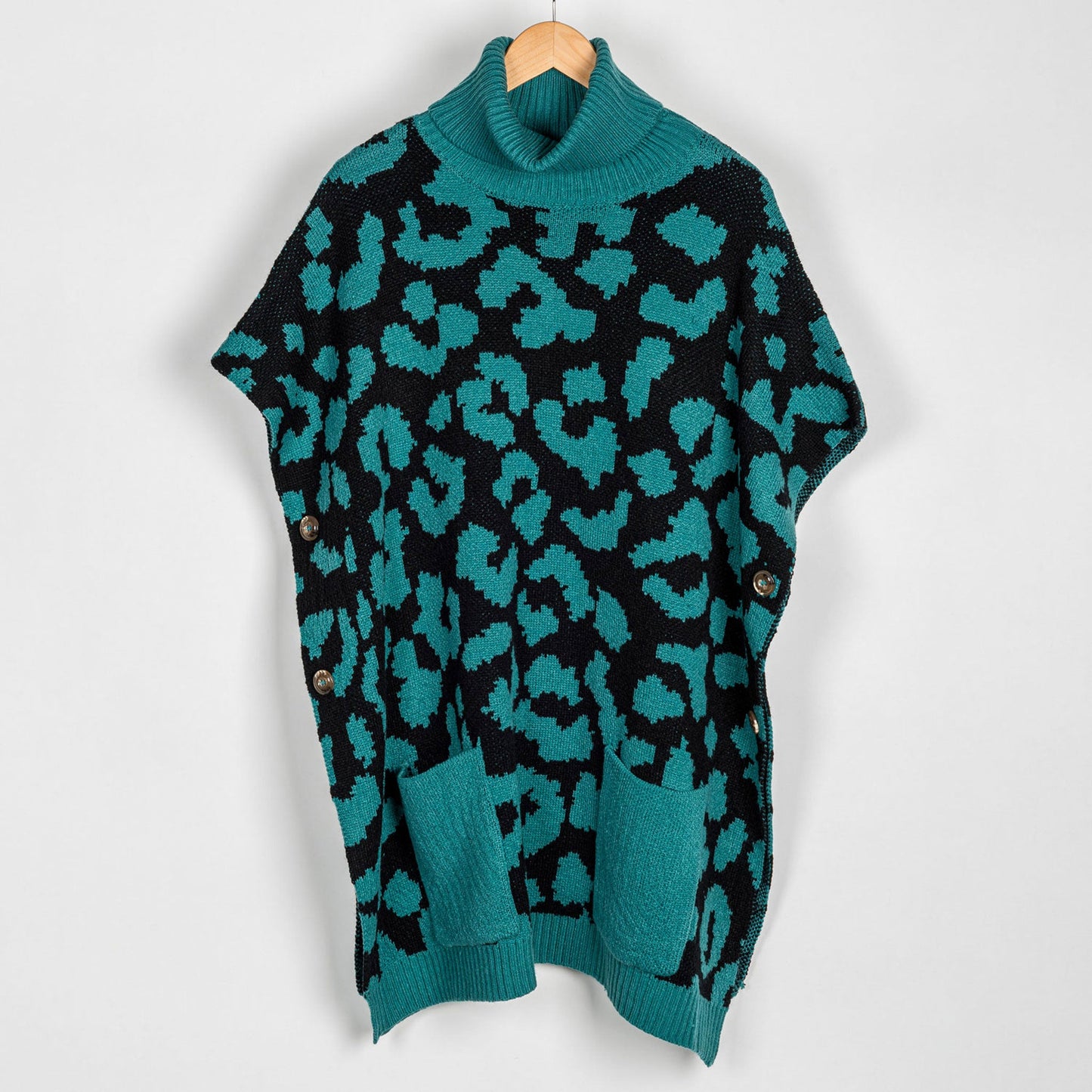 Teal Leopard Turtleneck Poncho With Patch Pockets - Os