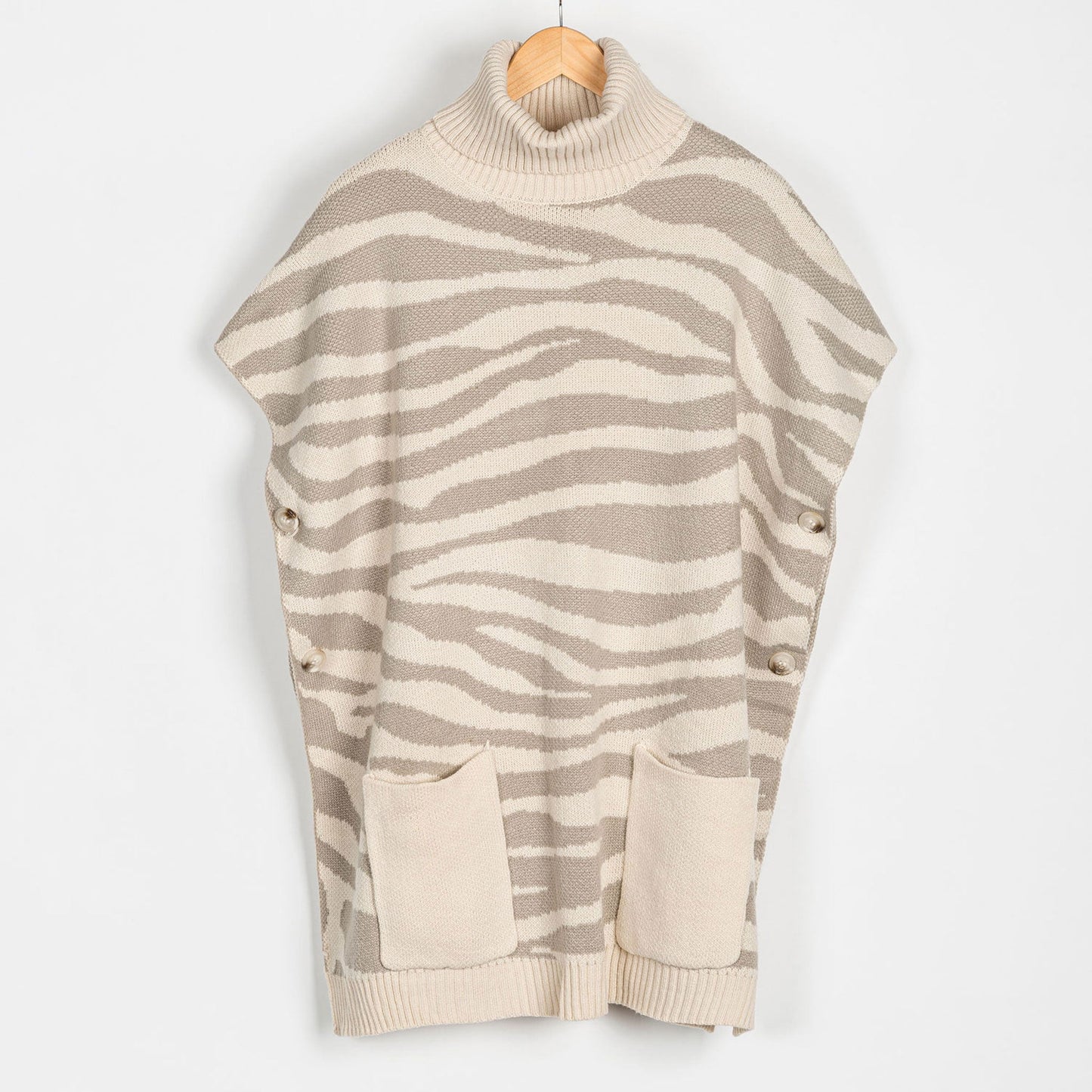 Cream Tiger Turtleneck Poncho With Patch Pockets - Os