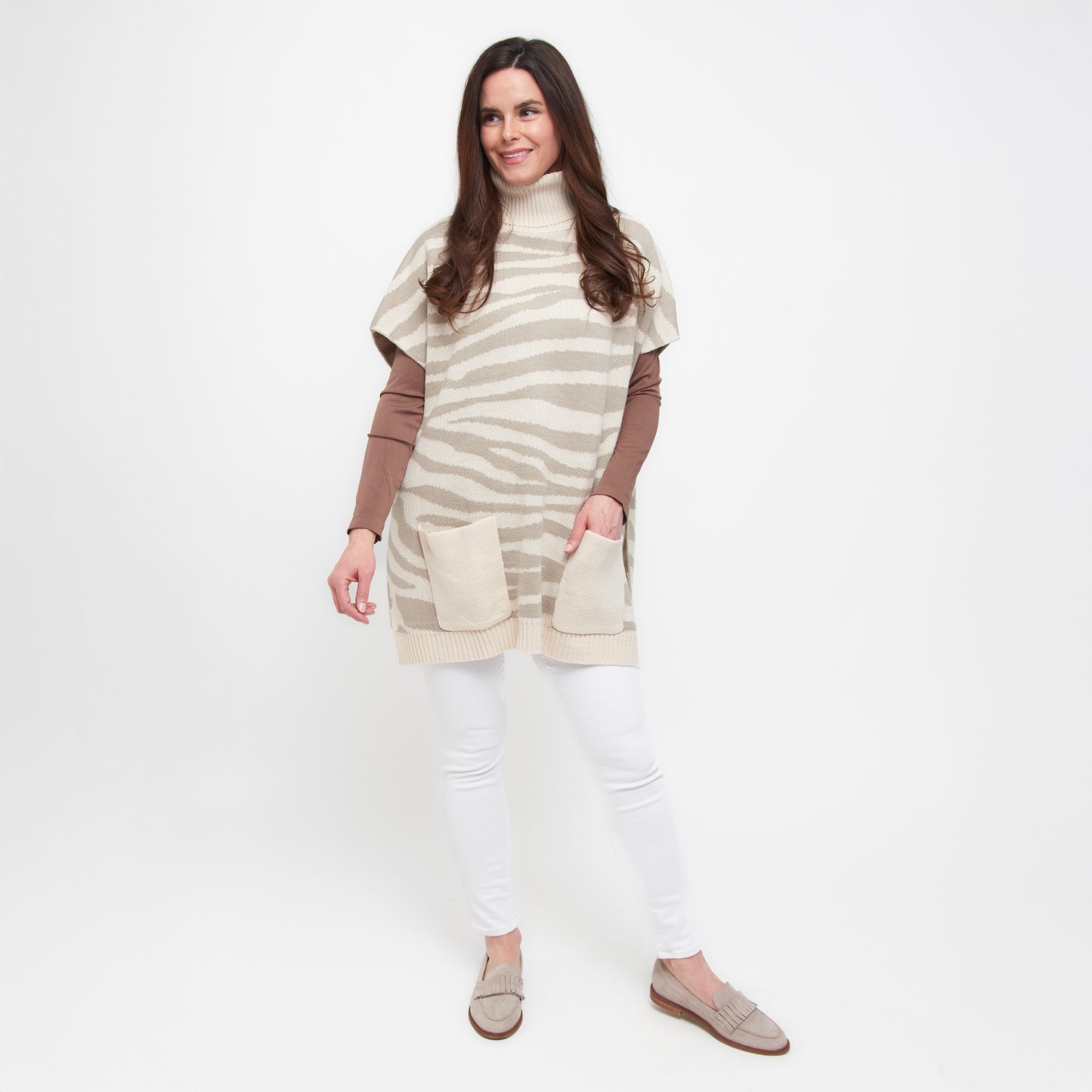 Cream Tiger Turtleneck Poncho With Patch Pockets