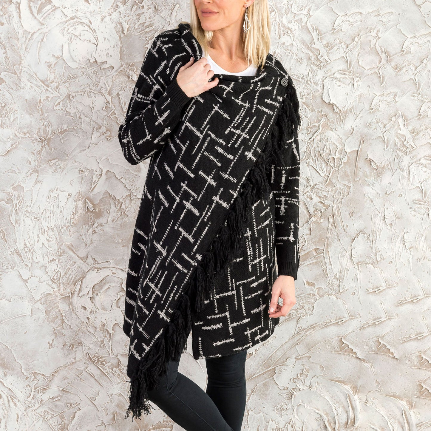 Black Geo Plaid Asymmetrical Wrap Sweater With Fringe Detail 