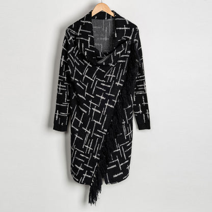 Black Geo Plaid Asymmetrical Wrap Sweater With Fringe Detail 
