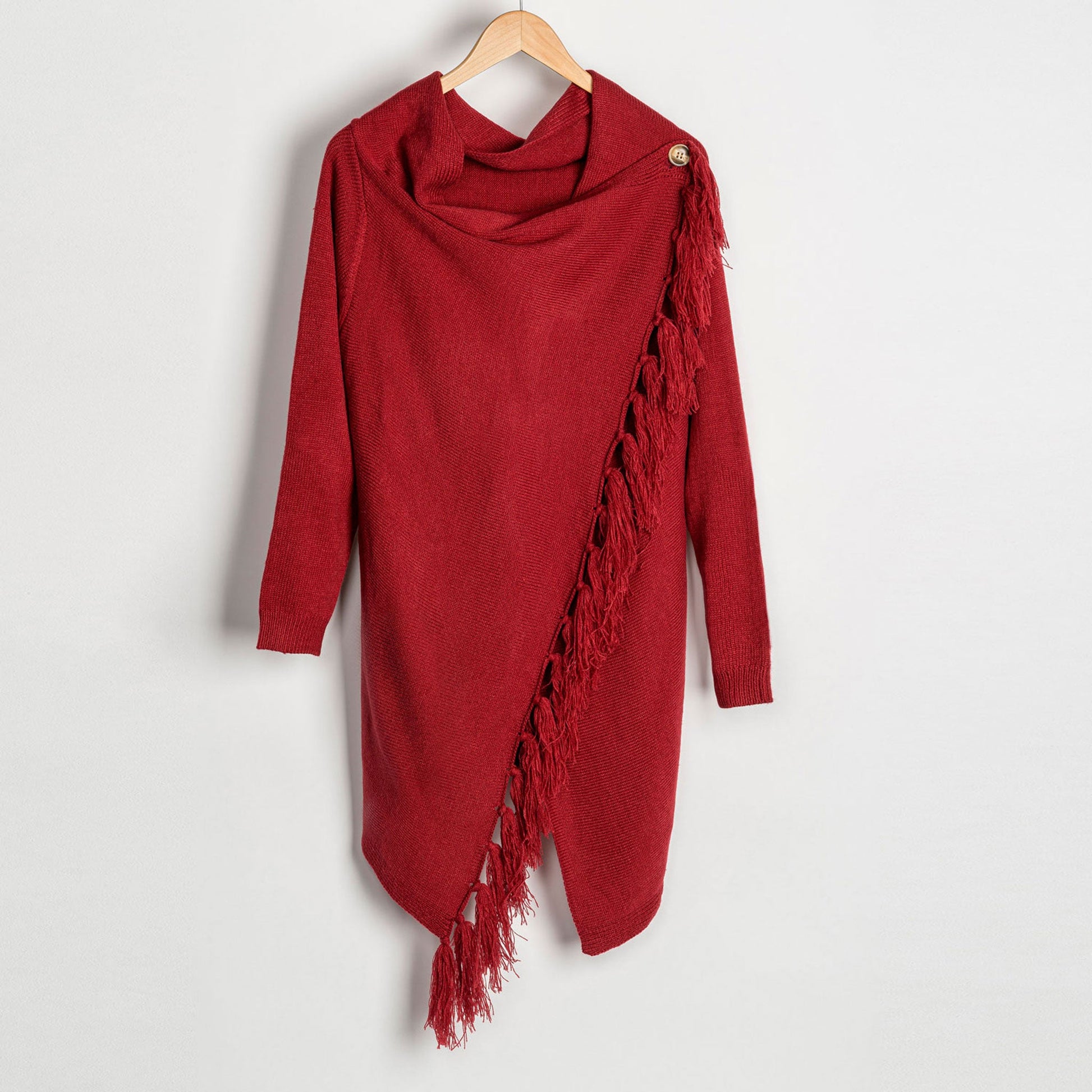 Ruby Asymmetrical Wrap Sweater With Fringe Detail