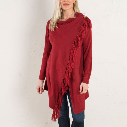 Ruby Asymmetrical Wrap Sweater With Fringe Detail