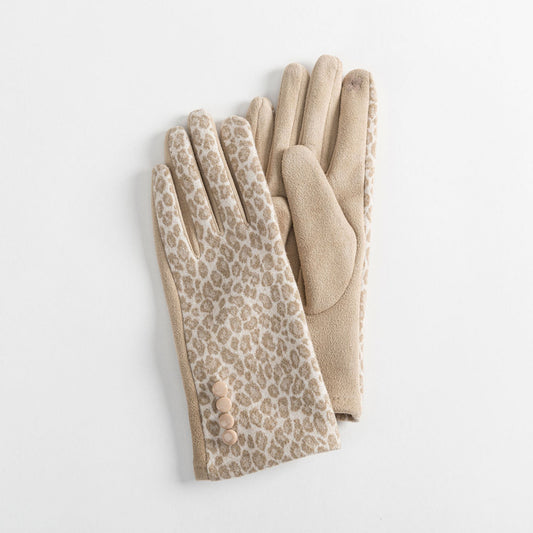 Tan Animal Print Gloves With Button Detail