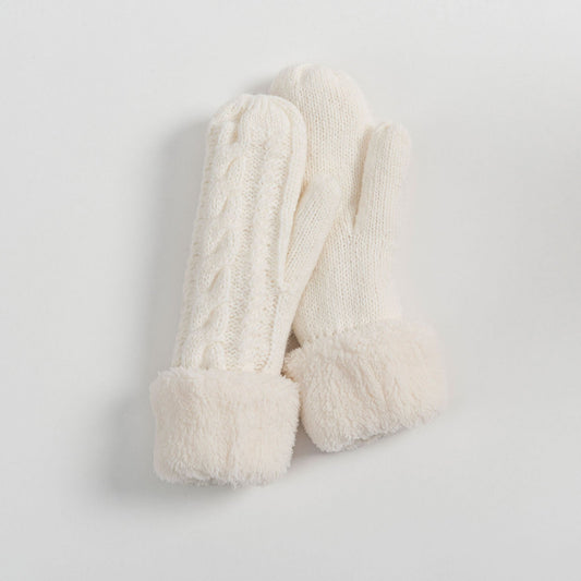 White Fleece Lined Cuffed Winter Knit Mitten