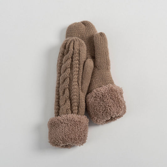 Brown Fleece Lined Cuffed Winter Knit Mitten