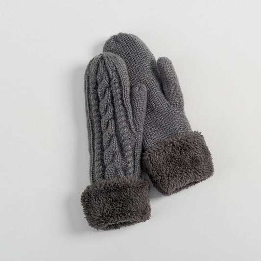 Grey Fleece Lined Cuffed Winter Knit Mitten