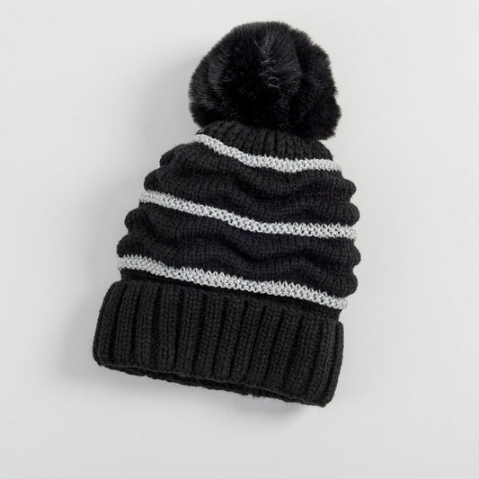 Black Lurex Knit Pom Hat