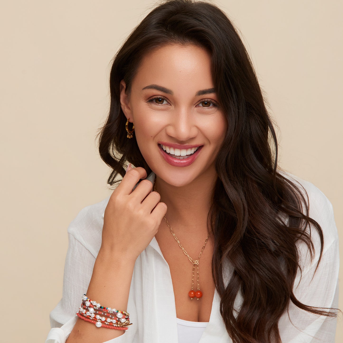 Pink Glass Bead And Pearl Layered Stretch Bracelet