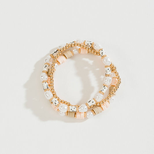 Cream Disc Bead And Pearl Stretch Bracelet