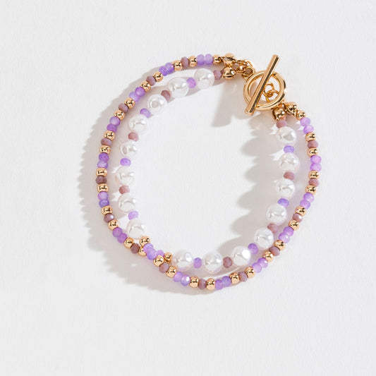 Purple Seed Bead And Pearl Layered Toggle Bracelet