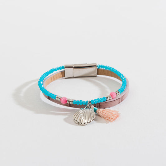Pink Tassel Seashell Charm Layered Magnetic Bracelet