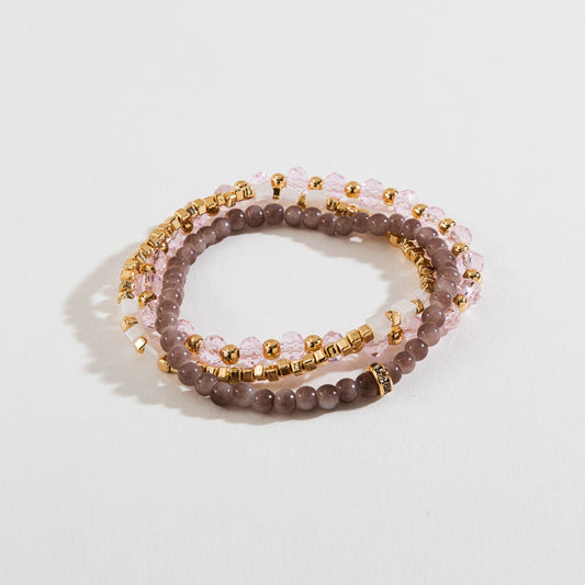 Pink Glass Bead Metallic Layered Stretch Bracelet