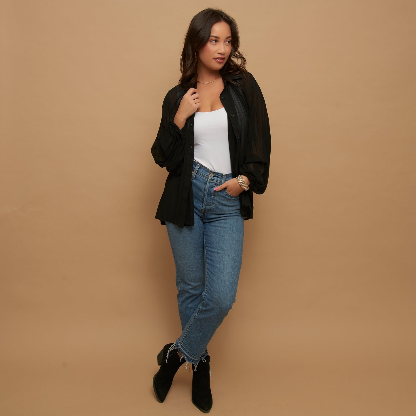 Essie Pleated Button Up Blouse