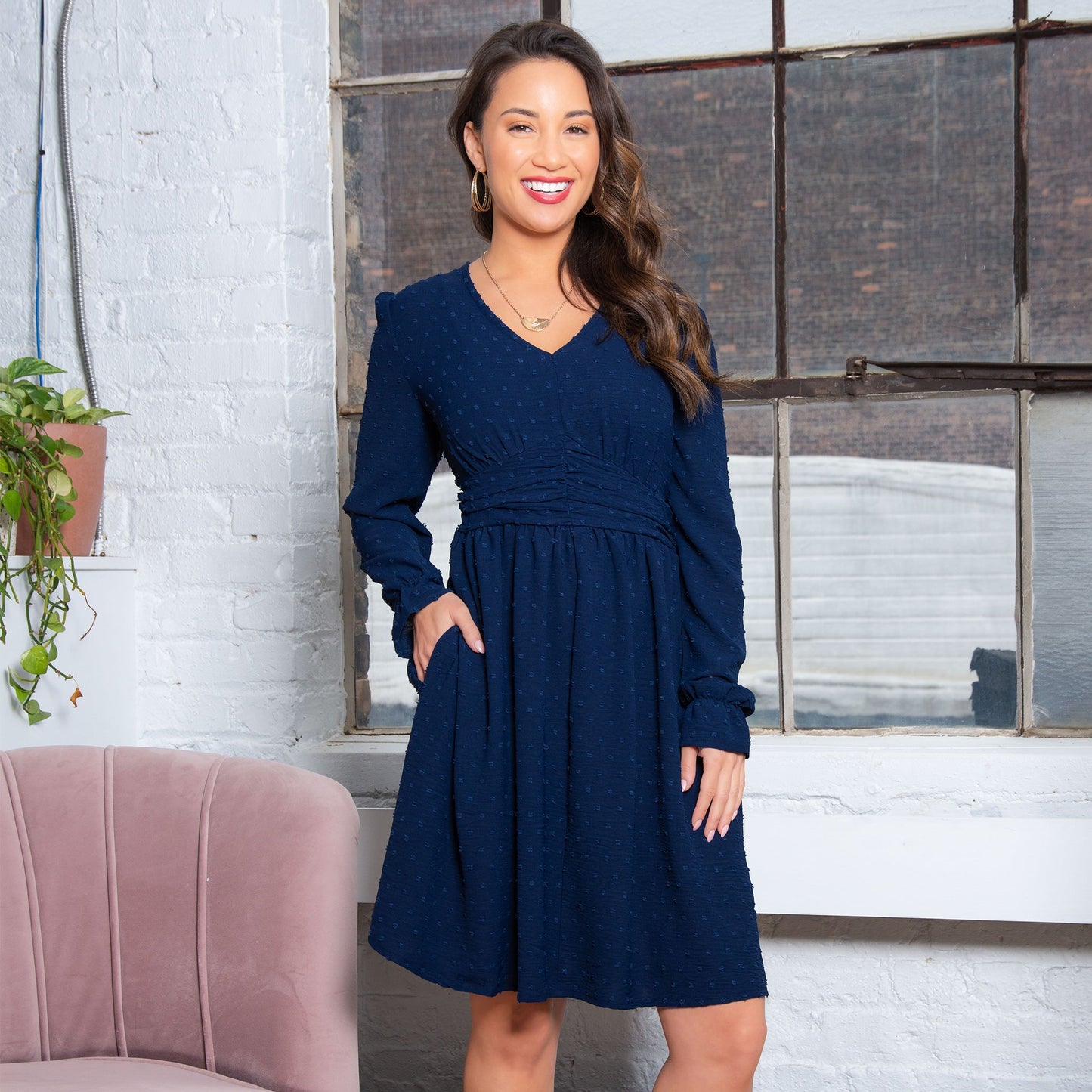Elsie & Zoey Women's Hayden Swiss Dot Ruched V-Neck Dress