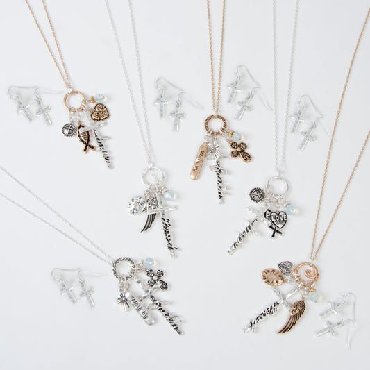 12 Piece Julia Inspirational Cross Charm Pendant Necklace & Earring Set Assortment
