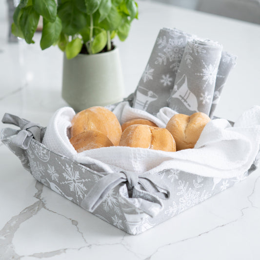 Elsie & Zoey  EZ Home 4 Piece Silver Bells Tea Towel & Bread Basket Set