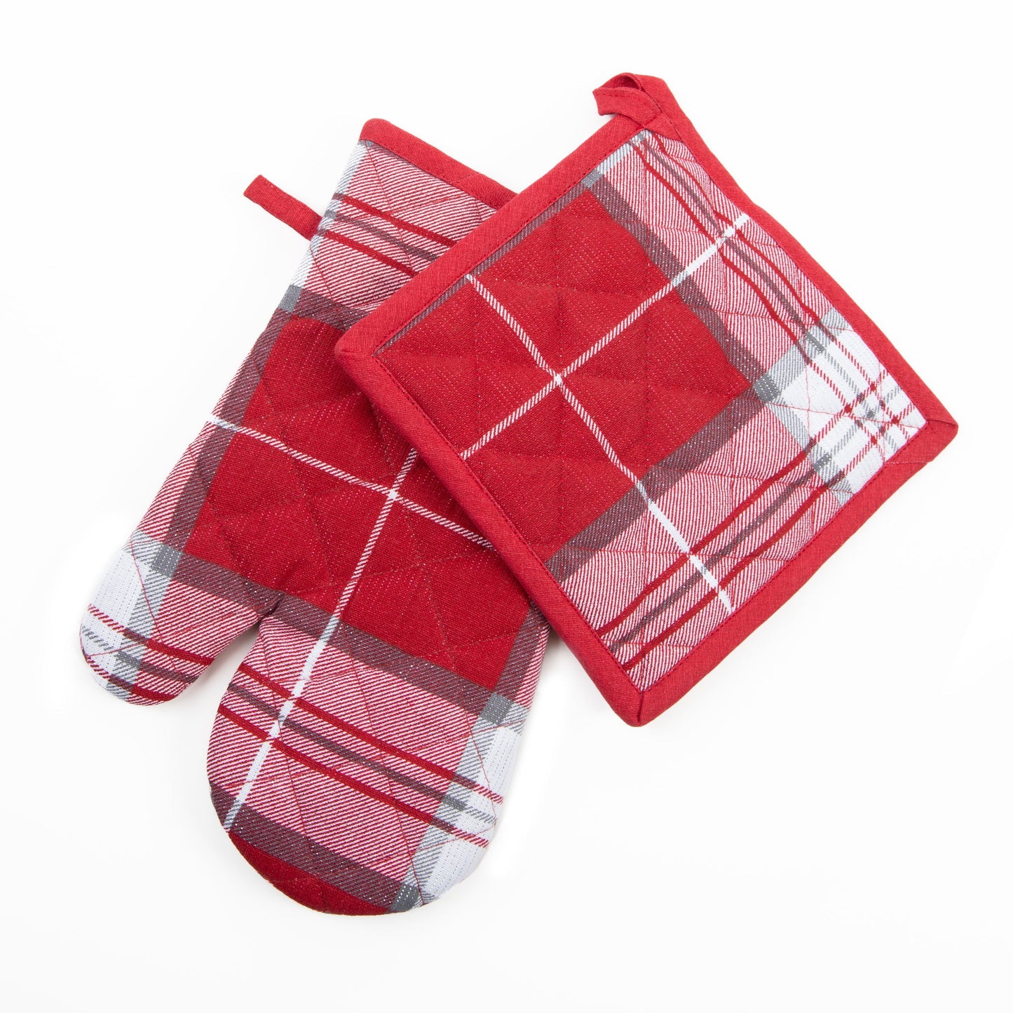 Elsie & Zoey  EZ Home 2 Piece Red Plaid Lurex Oven Mitt & Pot Holder Set