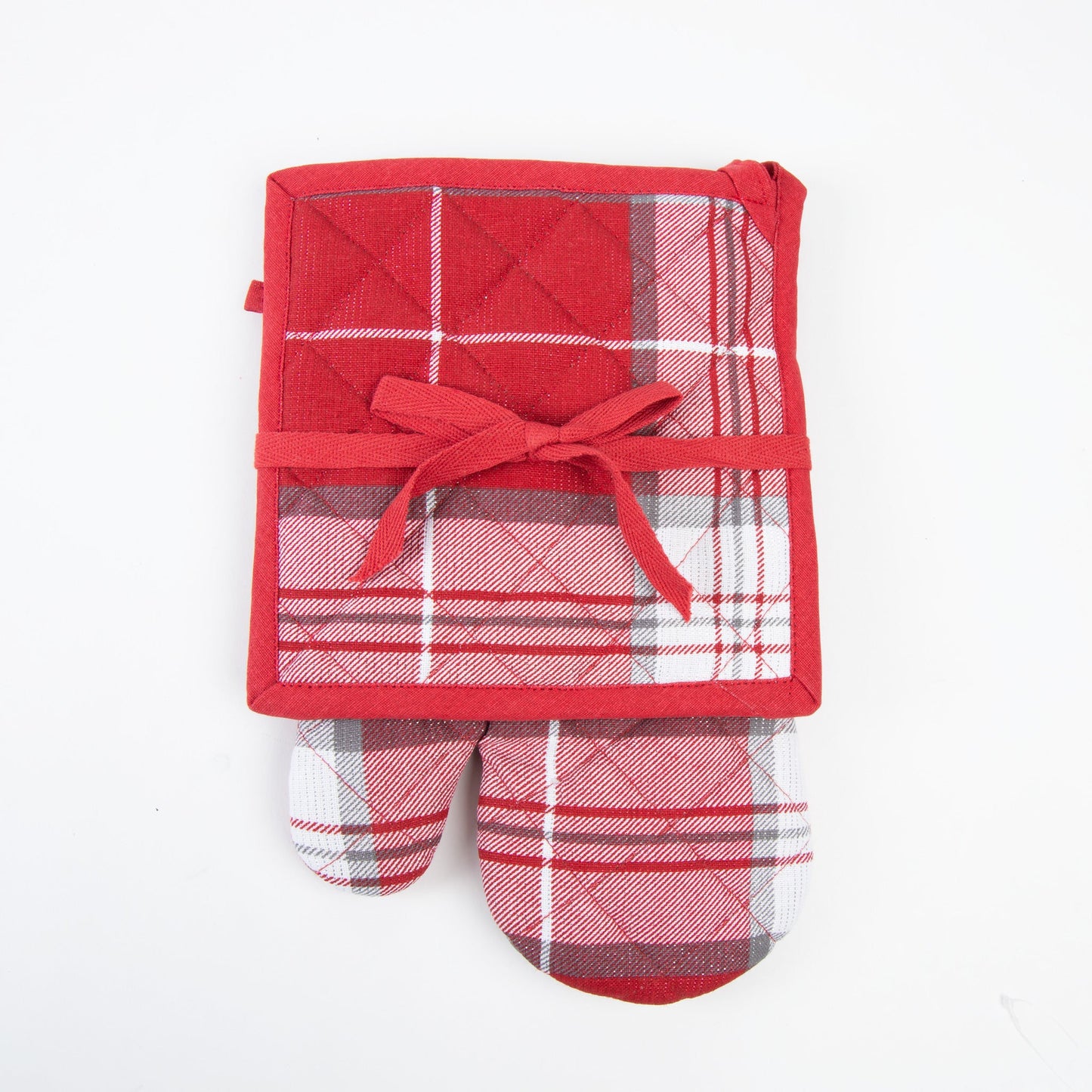 Elsie & Zoey  EZ Home 2 Piece Red Plaid Lurex Oven Mitt & Pot Holder Set