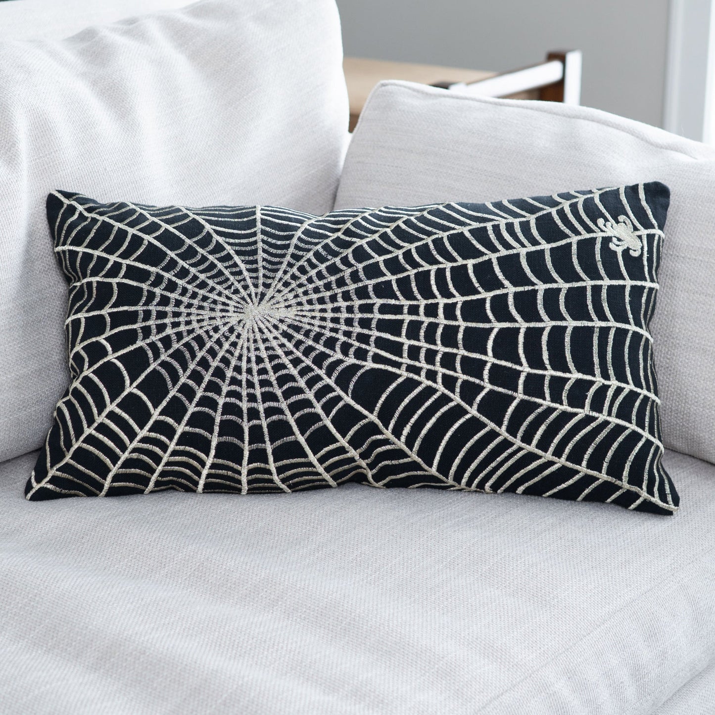 Elsie & Zoey EZ Home Halloween 12X22 Spider Web Embroidered Lumbar Pillow