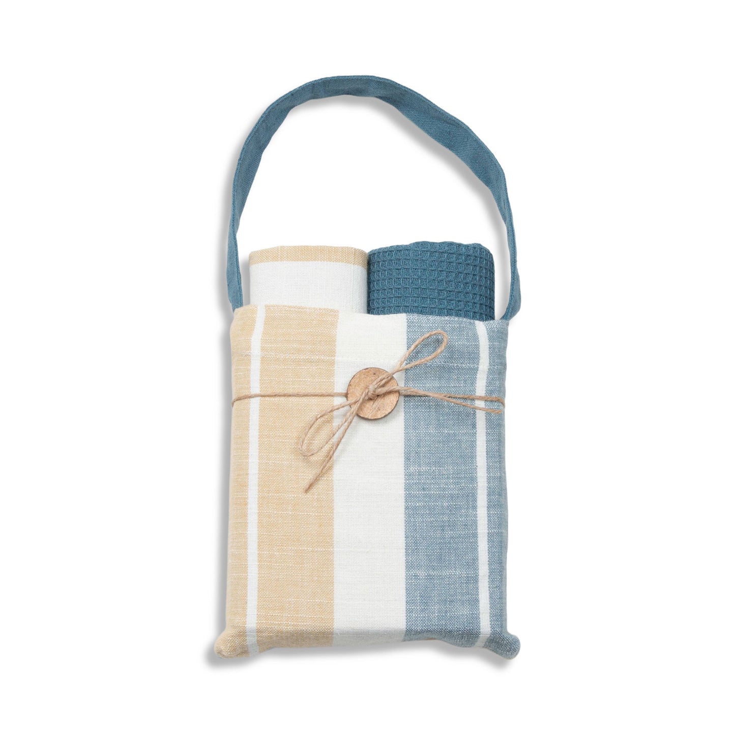 3 Piece Blue & Tan Stripe Tea Towel Set
