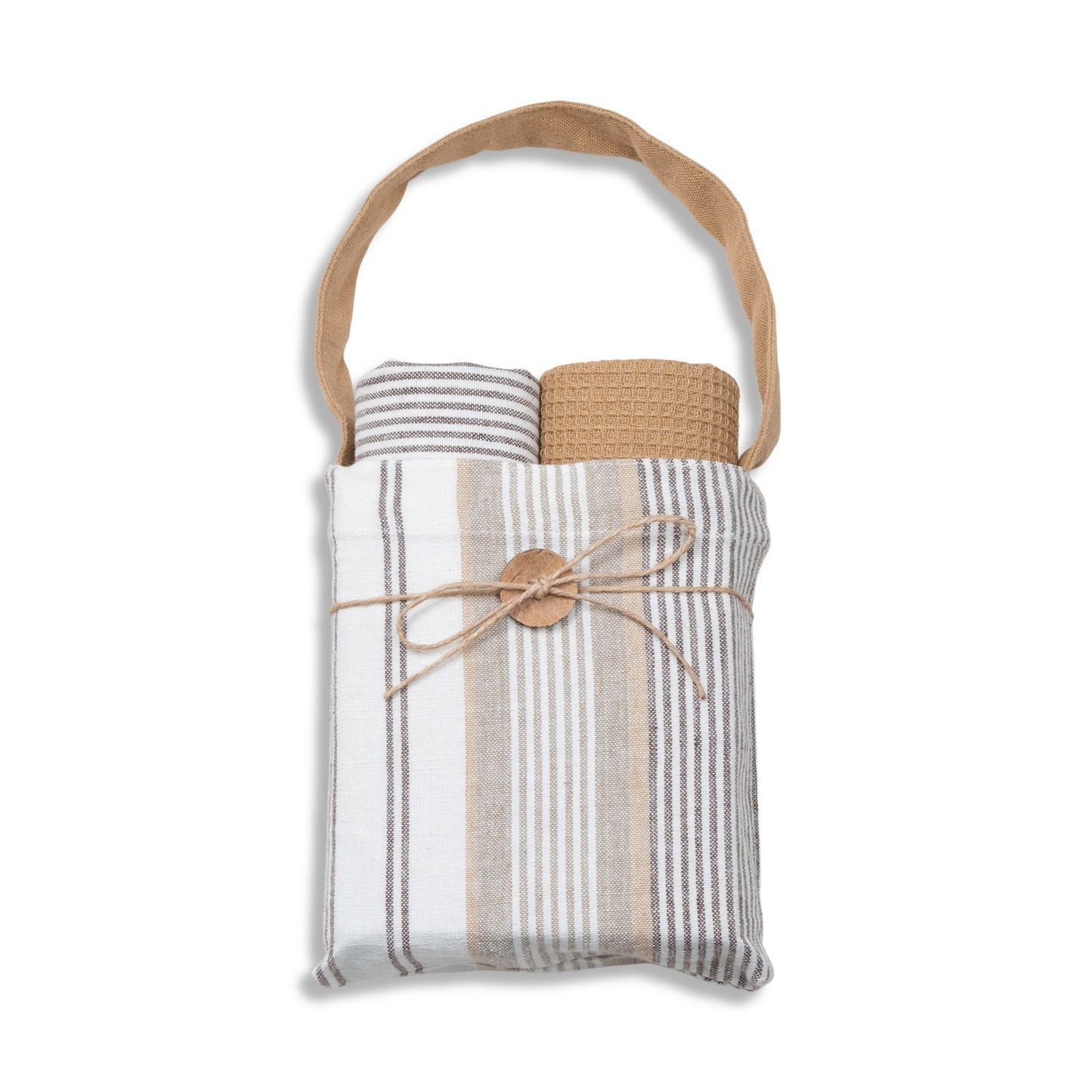 3 Piece Tan Stripe Teal Towel Set