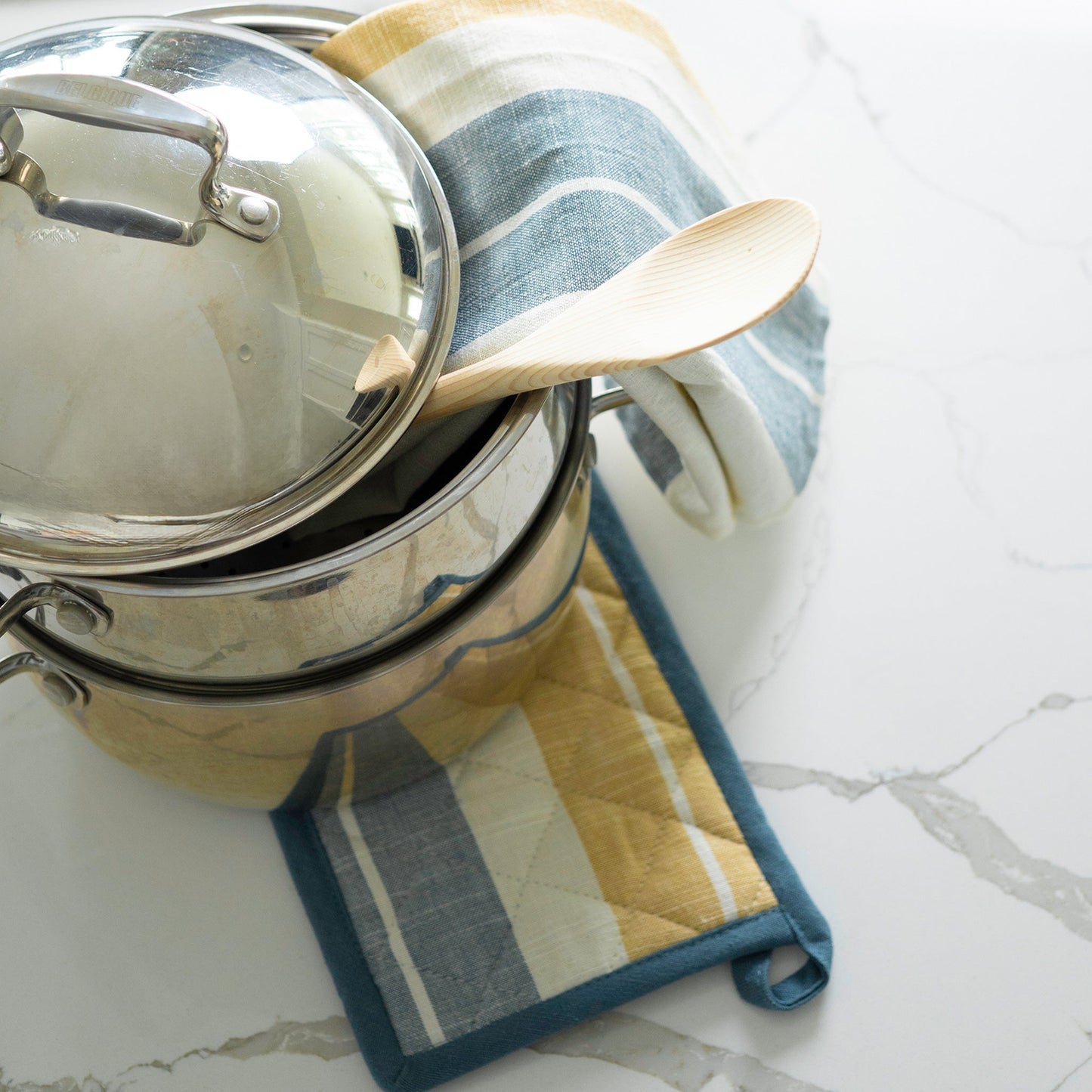 3 Piece Blue & Tan Stripe Kitchen Set