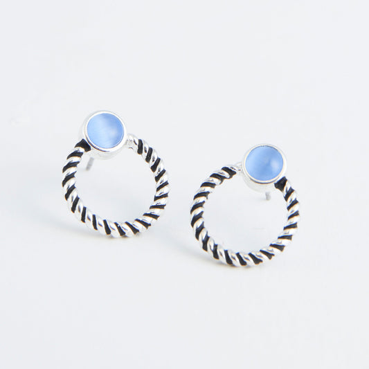 Silver Antique Rope Circle Blue Cateye Ear Sense Earrings