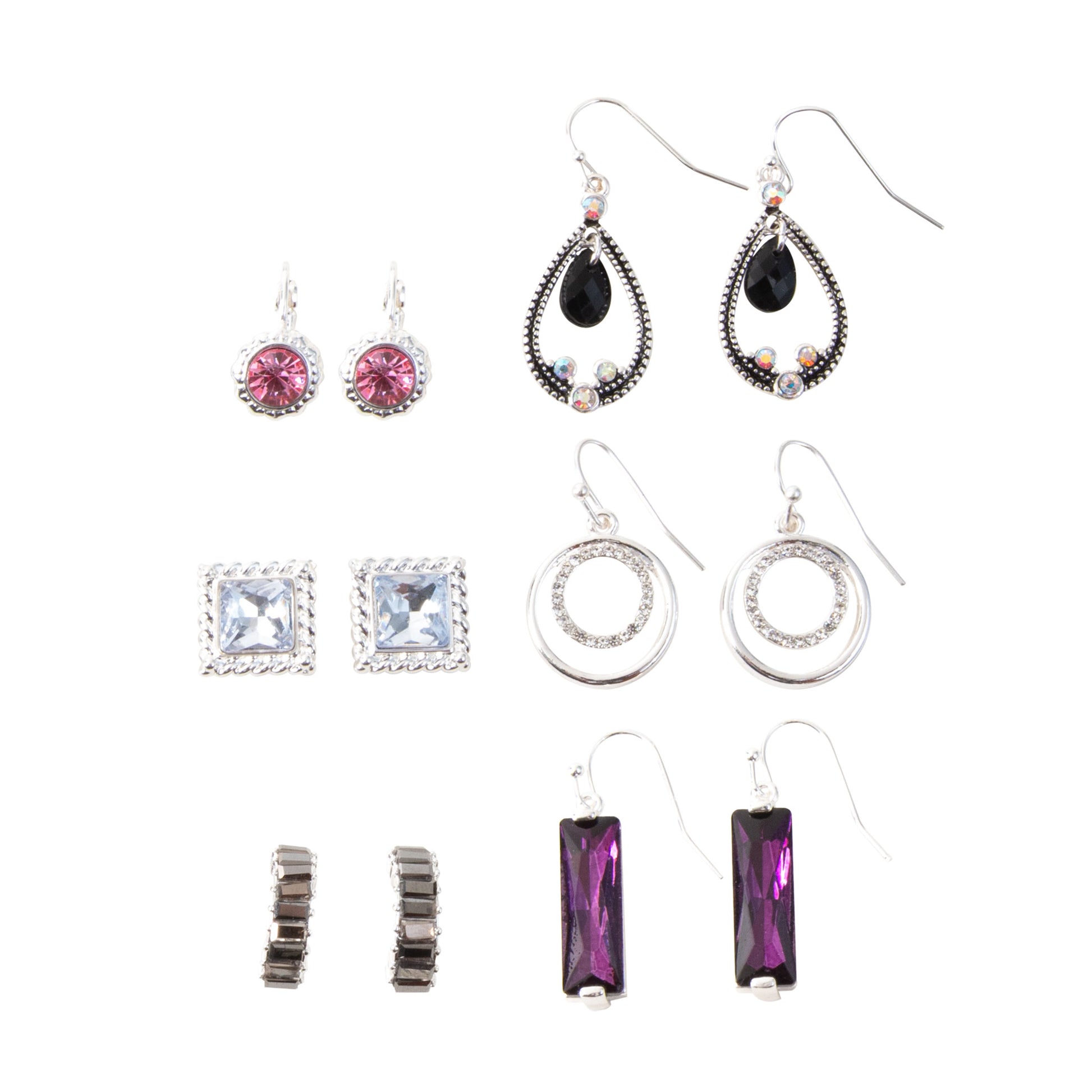 A collection of various earrings displayed on a white background, including studs and dangle earrings with different stone colors and designs.