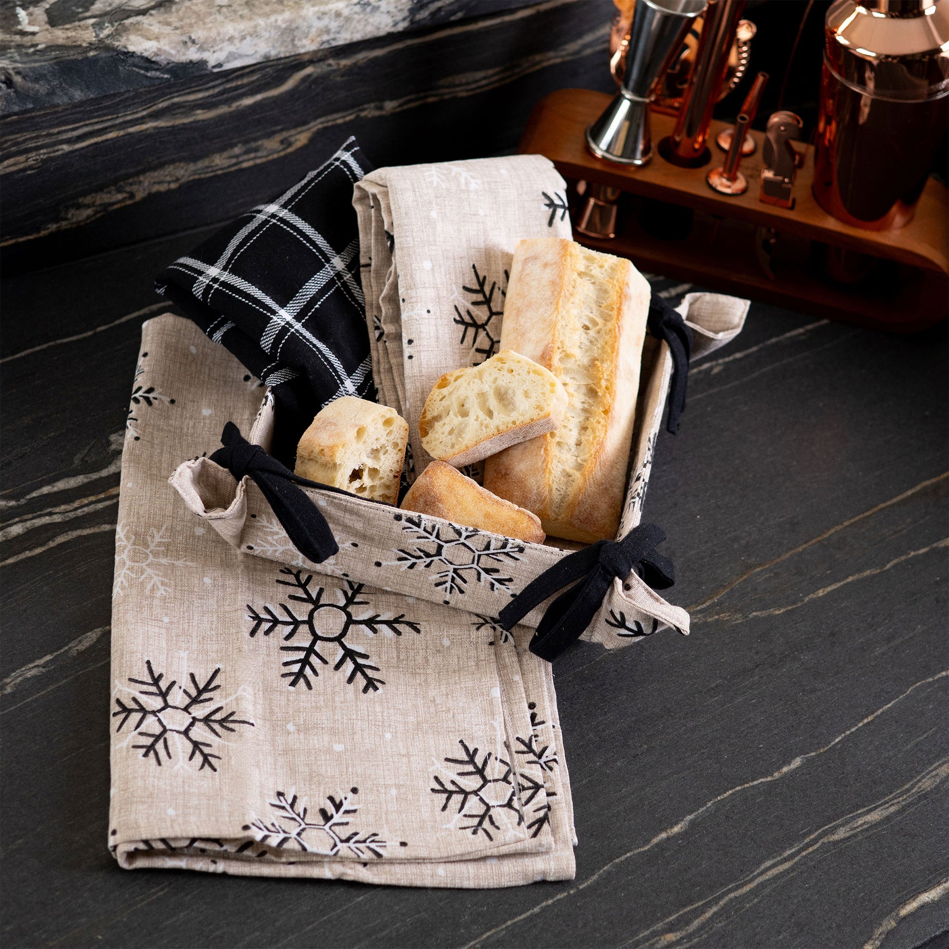 4 Piece Neutral Snowflake Tea Towel & Bread Basket Set