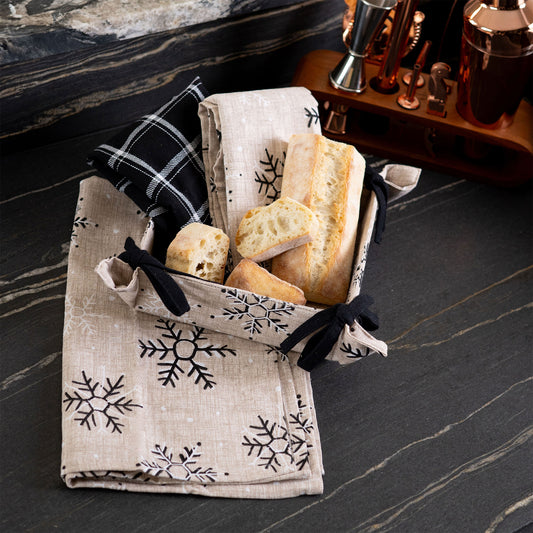 4 Piece Neutral Snowflake Tea Towel & Bread Basket Set