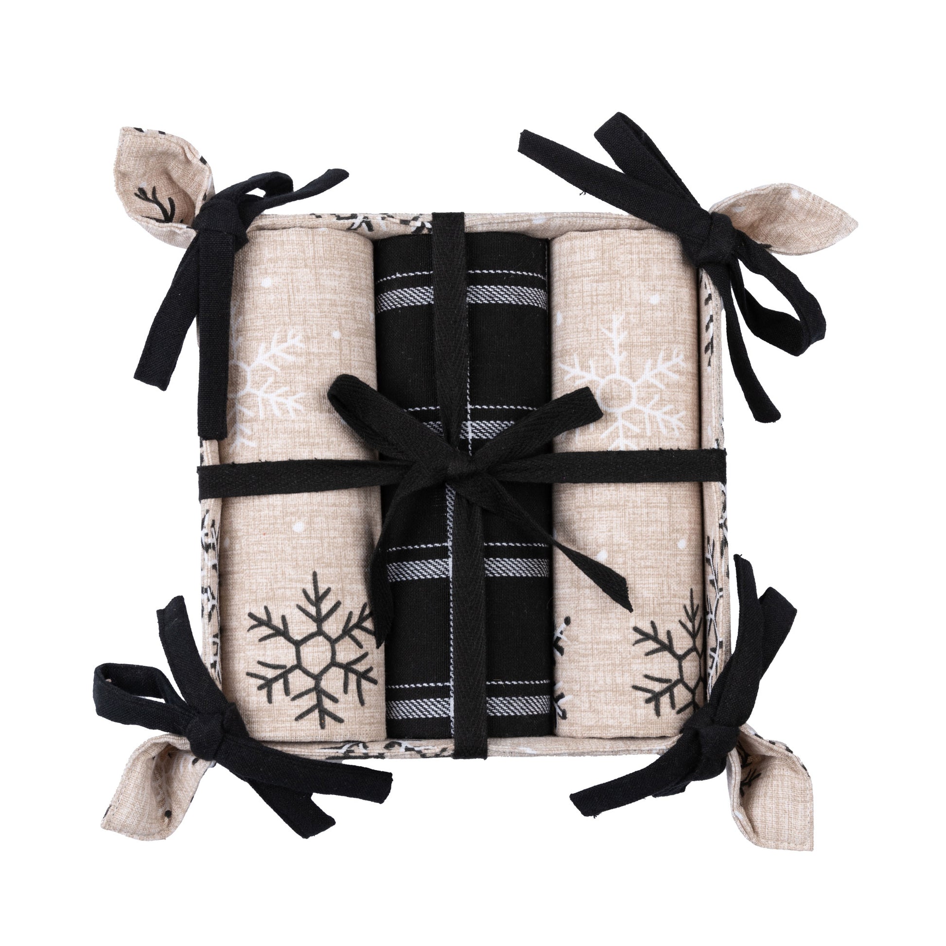 4 Piece Neutral Snowflake Tea Towel & Bread Basket Set