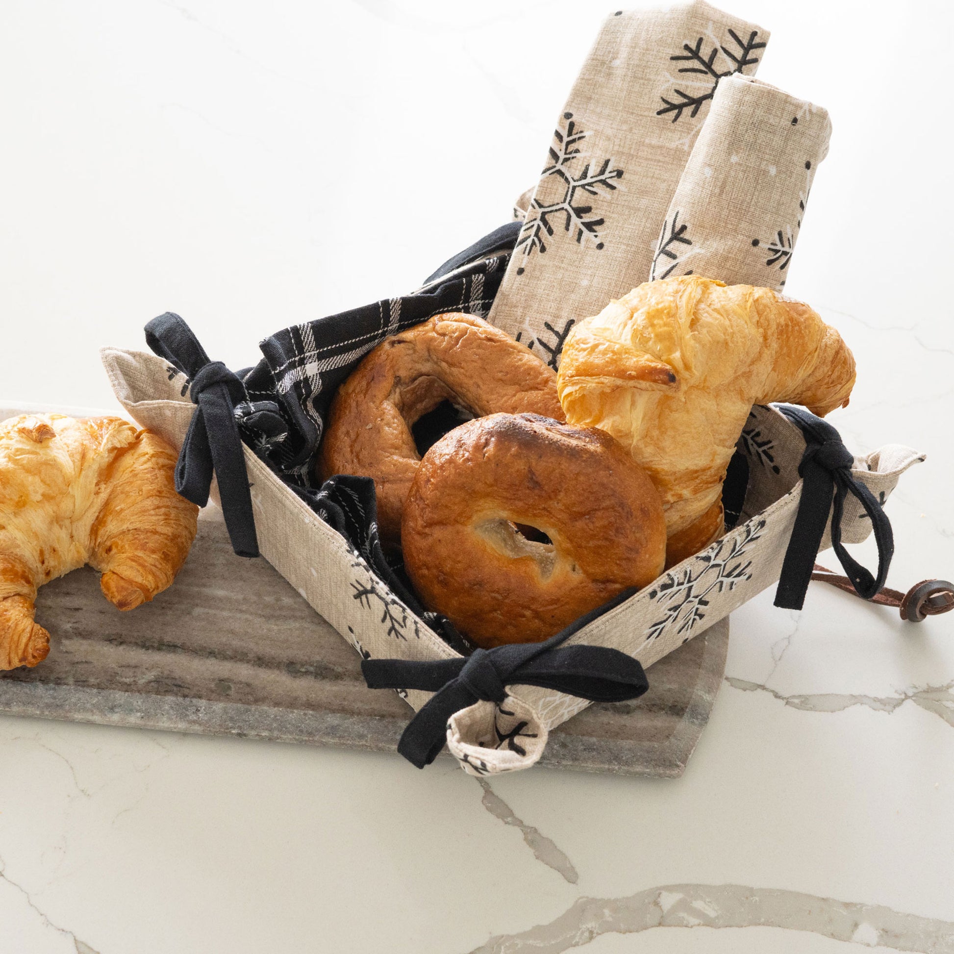 4 Piece Neutral Snowflake Tea Towel & Bread Basket Set