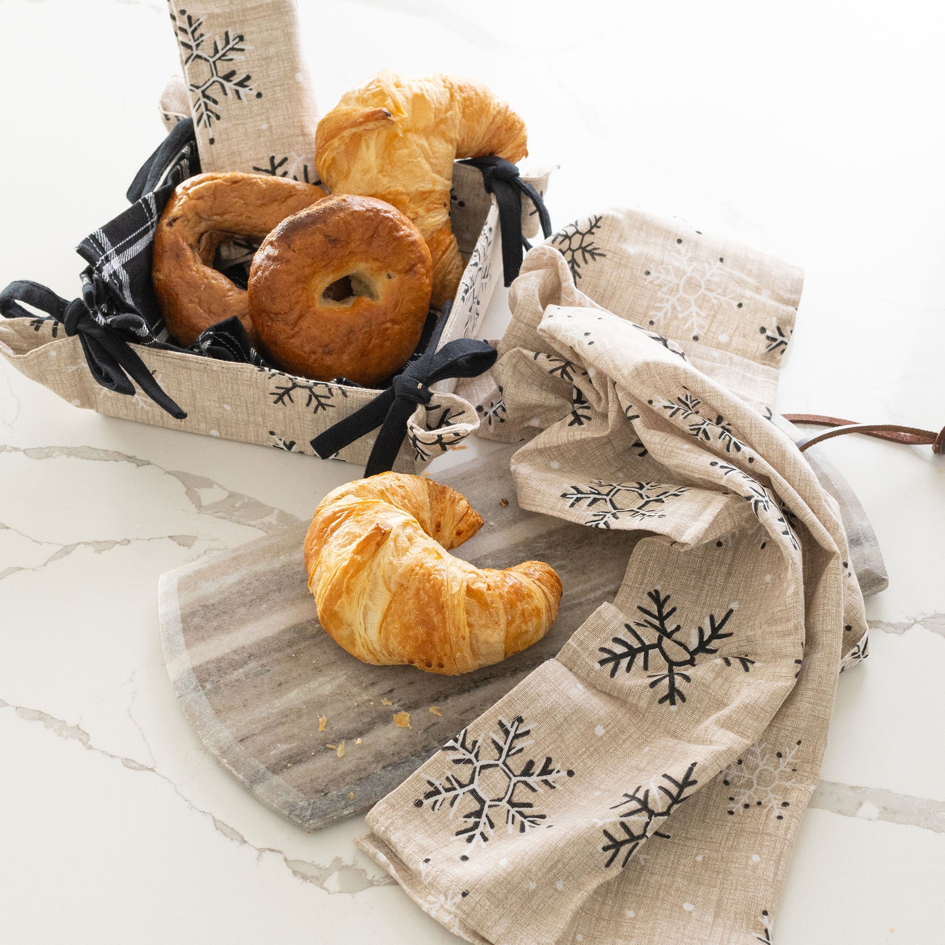 4 Piece Neutral Snowflake Tea Towel & Bread Basket Set