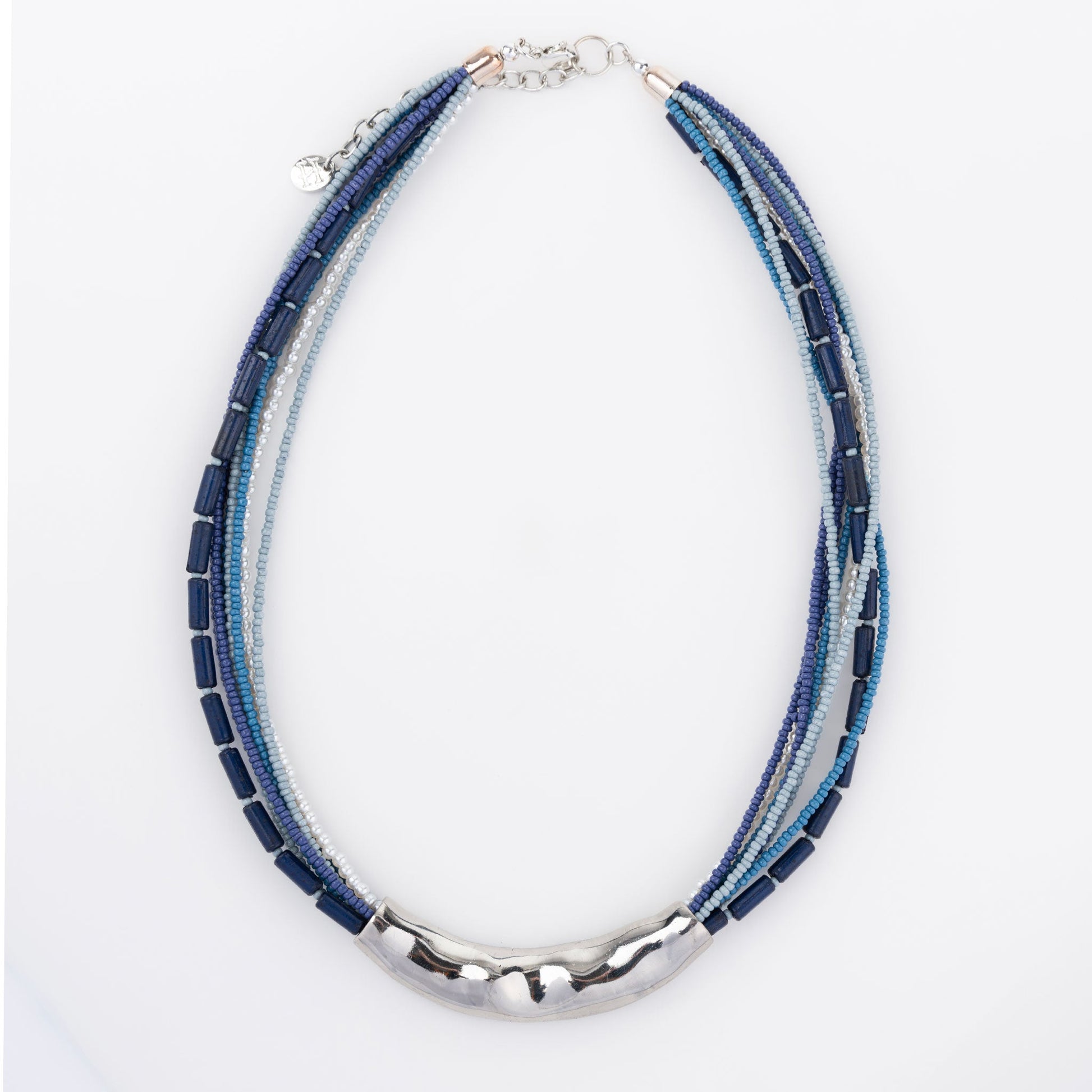 A blue seed bead necklace with silver hammered detailing