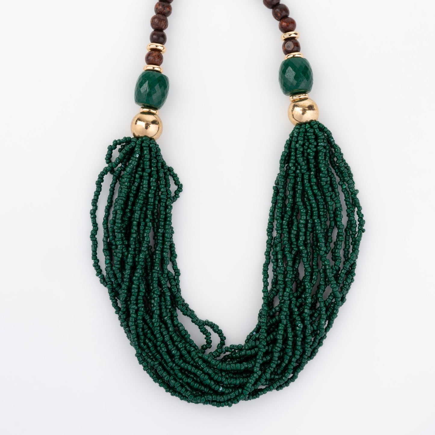A dark green seed bead necklace with gold-tone accents.