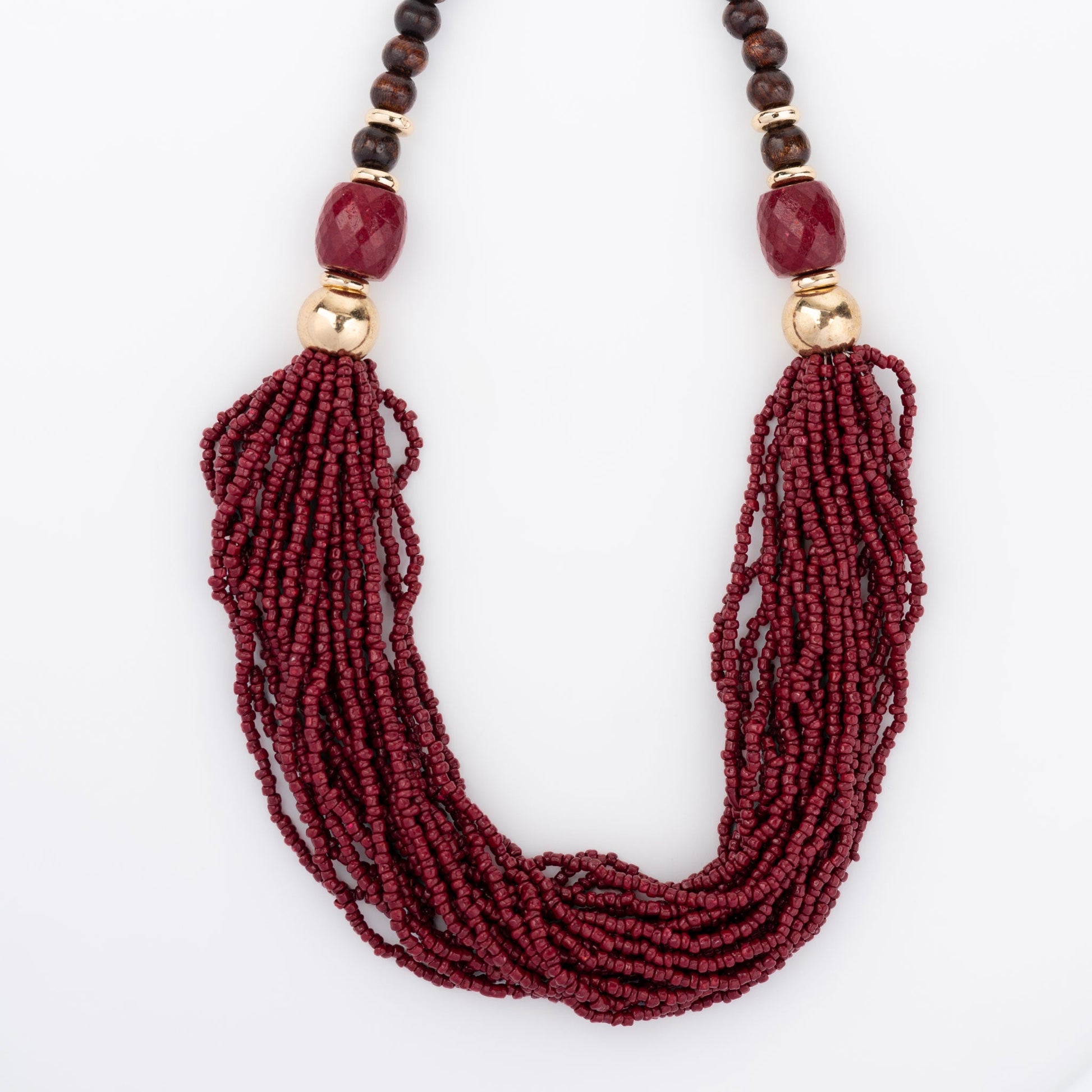 A red multi strand seed bead necklace with wood accents