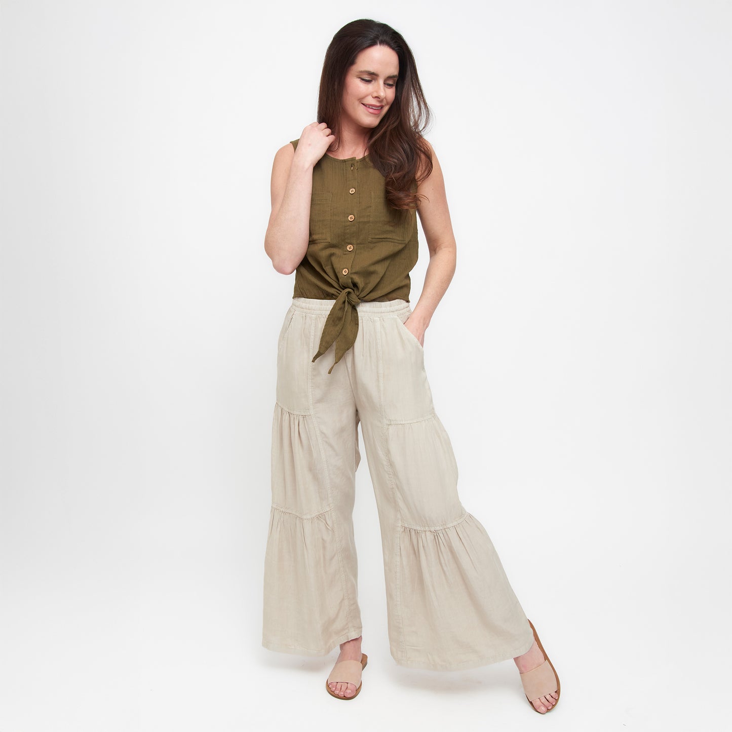 Delaney Wide Leg Tiered Chambray Pants