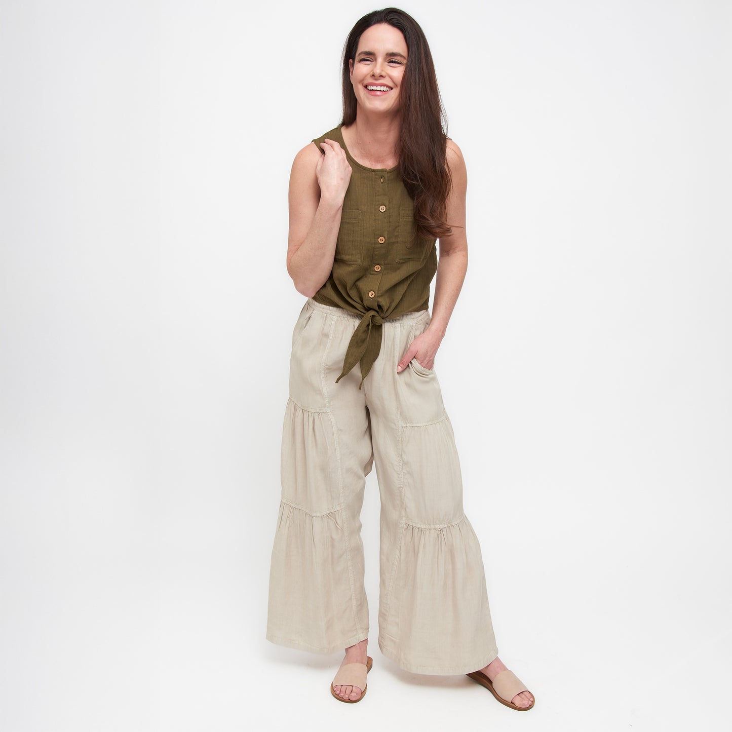 Delaney Wide Leg Tiered Chambray Pants