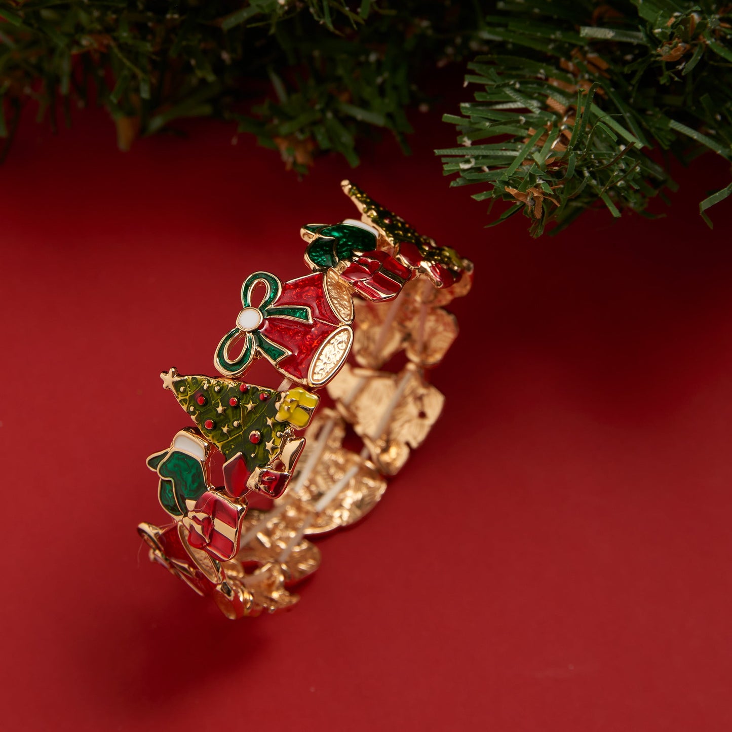 Enamel Christmas Tree Holiday Stretch Bracelet