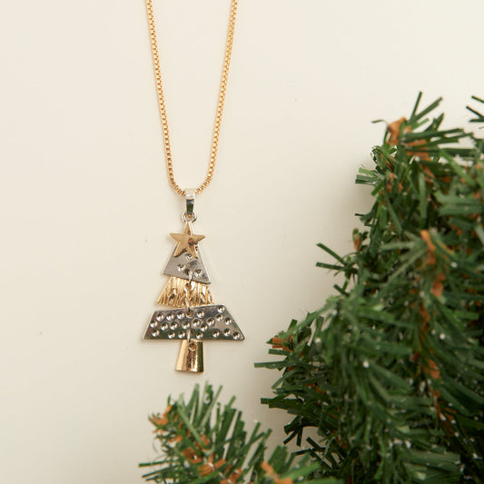 Holiday Two Tone Christmas Tree Pendant  Necklace
