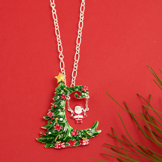 Enamel Santa Swing Christmas Tree Pendant Necklace