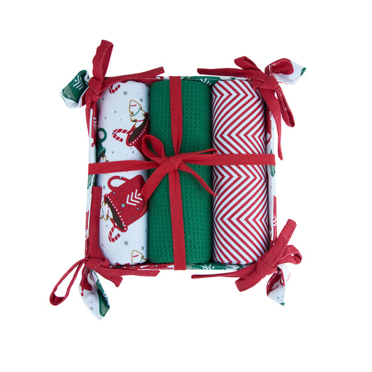 4 Piece Holiday Mugs Tea Towel & Bread Basket Set