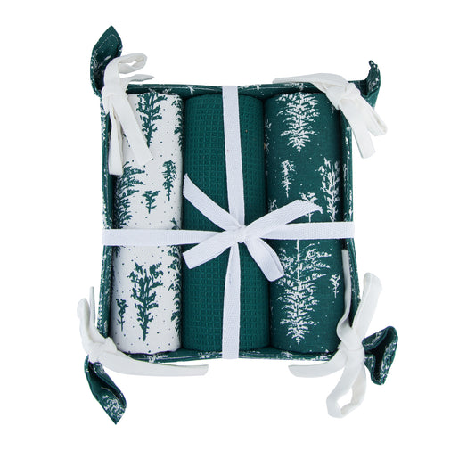 4 Piece Evergreen Trees Tea Towel & Bread Basket Set