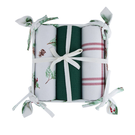 4 Piece Winter Pine Tea Towel & Bread Basket Set